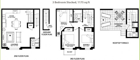 Floor plan of 3 Bed stacked, 2 bath at Towns on the Ravine in North York, ON